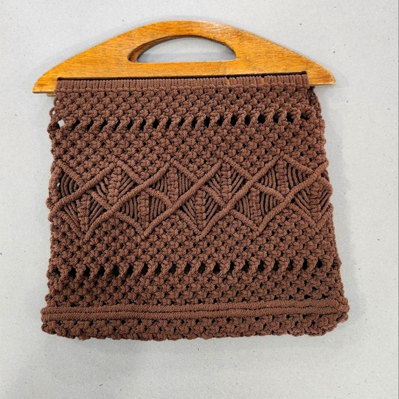 Vintage boho macrame purse - wood handle - crochet look - 70s bag - Picture 1 of 7